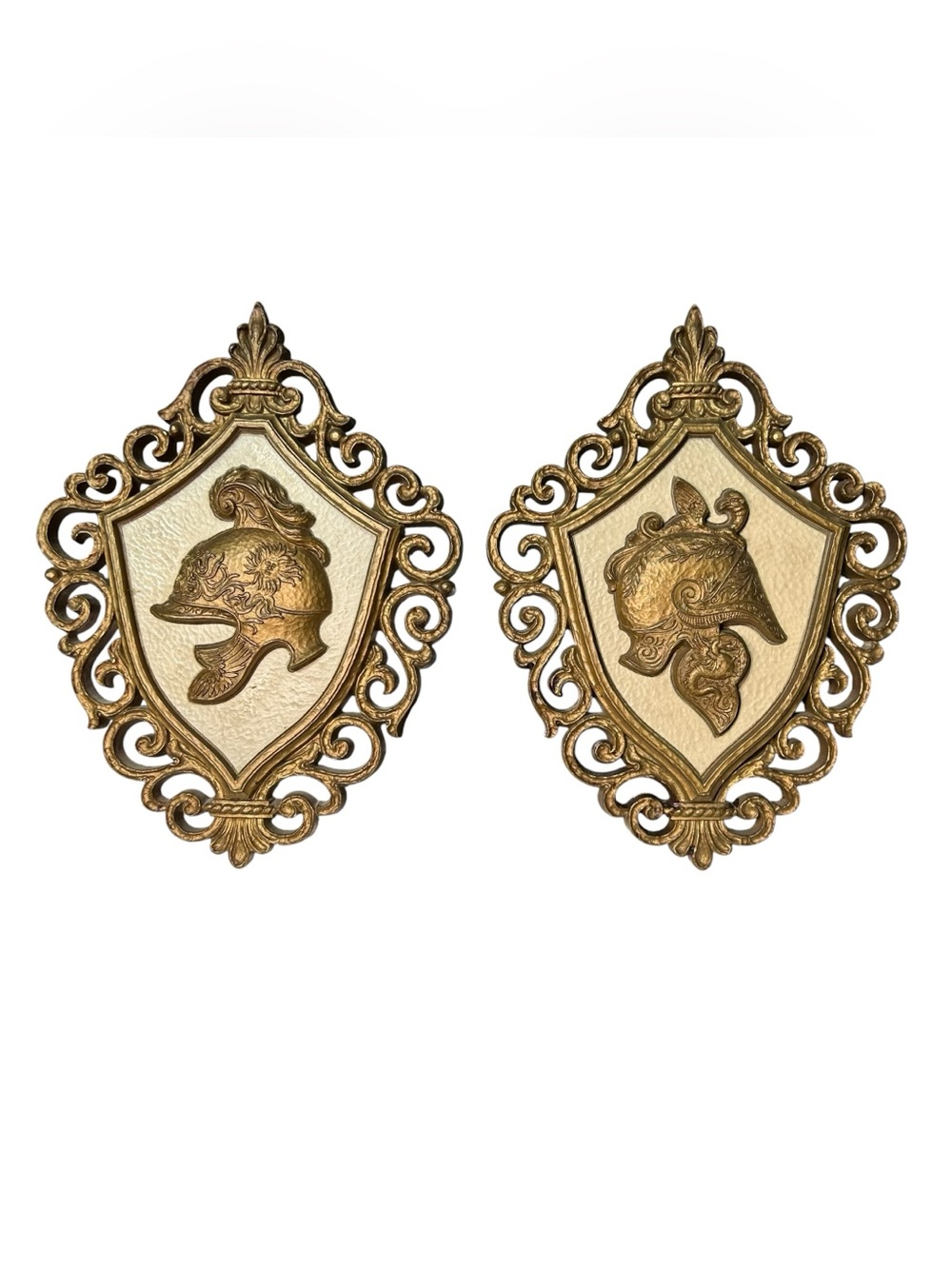 Syroco Wall Plaques Pair Knight Helmet Shield Gold Decor Gothic MCM Vintage 1960